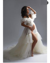 Load image into Gallery viewer, W2008, White Ruffled Slit Cut Maternity Shoot Trail Gown With Inner, Size (All)pp