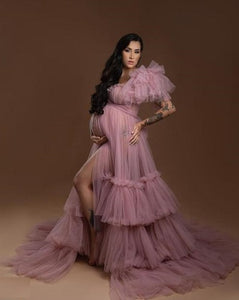 G2009, Peach frill One Shoulder Maternity Shoot Trail Gown With Inner, Size (All)pp