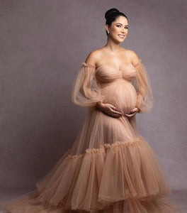 G2052, Light Brown Frilled Maternity Shoot Gown With Inner, Size (All)pp