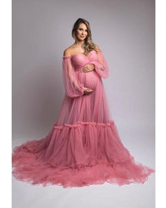 G2051, Dusty Pink Frill Maternity Shoot Trail Gown, Size (All) pp