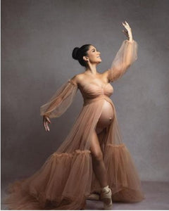 G2052, Light Brown Frilled Maternity Shoot Gown With Inner, Size (All)pp