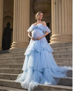 G2007, Light Blue Frilled Maternity Shoot Gown With Inner, Size (All) pp