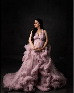 G2054, Dusty Peach Luxury Ruffled Maternity Shoot Trail Gown, Size (All)pp