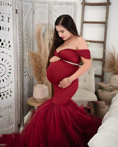 G621, Wine Fish Cut Maternity Shoot Trail Gown, Size (ALL)pp