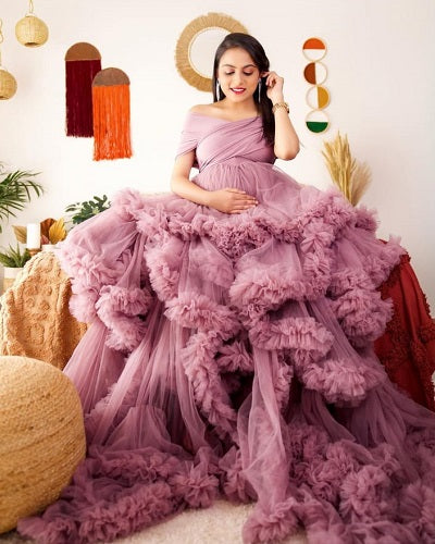 G1041, Onion Peach Ruffled Pre-wedding Shoot Trail Gown, Size(All)pp