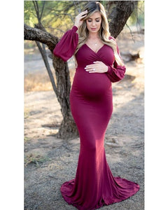 G1054, Burgundy Full Sleeves Maternity Shoot Trail Gown (All Sizes)pp