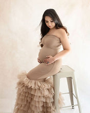 Load image into Gallery viewer, G1051, Beige Body fit Ruffled Maternity Shoot Trail Gown Size (All)pp