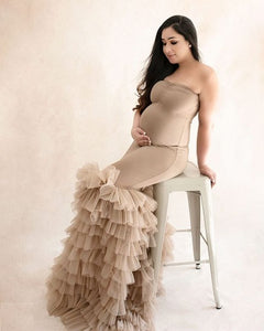 G1051, Beige Body fit Ruffled Maternity Shoot Trail Gown Size (All)pp