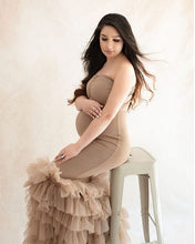 Load image into Gallery viewer, G1051, Beige Body fit Ruffled Maternity Shoot Trail Gown Size (All)pp