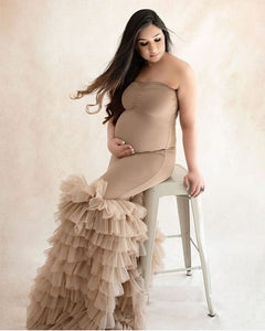 G1051, Beige Body fit Ruffled Maternity Shoot Trail Gown Size (All)pp