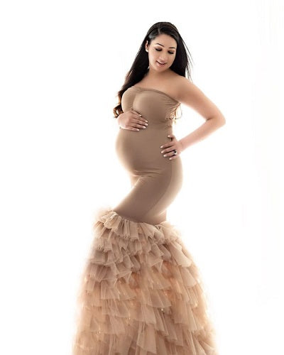 G1051, Beige Body fit Ruffled Maternity Shoot Trail Gown Size (All)pp