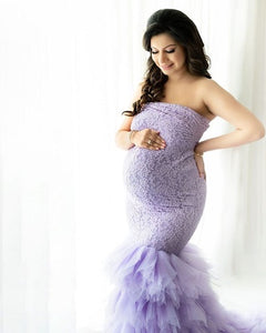G1055, Lilac Body Fit Ruffled Maternity Shoot Trail Gown, Size(All)pp