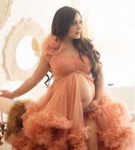 Load image into Gallery viewer, G1056, Luxury Orange Ruffled Slit Cut Maternity Shoot Long Trail Gown, Size (SIZE ALL)pp