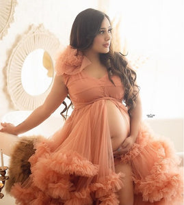 G1056, Luxury Orange Ruffled Slit Cut Maternity Shoot Long Trail Gown, Size (SIZE ALL)pp