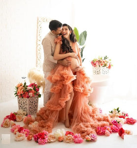 G1056, Luxury Orange Ruffled Slit Cut Maternity Shoot Long Trail Gown, Size (SIZE ALL)pp