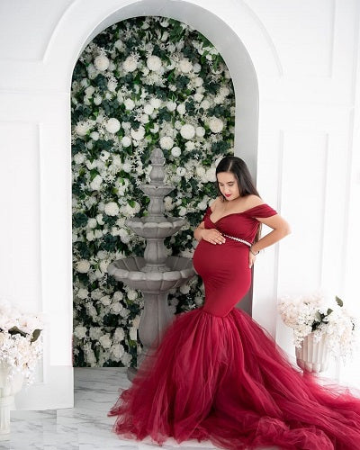 G621, Wine Fish Cut Maternity Shoot Trail Gown, Size (ALL)pp