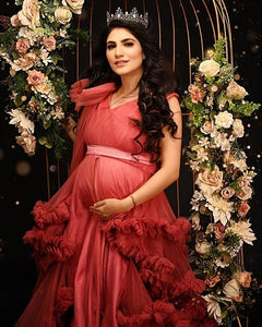 G878 (4), Peach Ruffled Maternity Shoot Gown With Inner, Size (All)