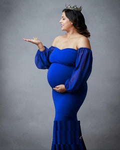 G245,Royal Blue Full Sleeves Maternity Shoot Trail Lycra Body Fit Gown, Size (All)pp