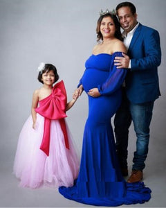 G245,Royal Blue Full Sleeves Maternity Shoot Trail Lycra Body Fit Gown, Size (All)pp