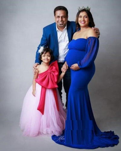 G245,Royal Blue Full Sleeves Maternity Shoot Trail Lycra Body Fit Gown, Size (All)pp