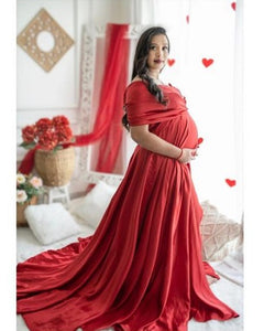 G945,Wine Satin Maternity Shoot Trail Gown, Size (All)pp