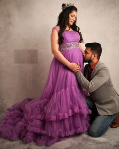G240, Luxury Purple Ruffled maternity shoot trail gown,  Size - (XS-30 to XL-40)