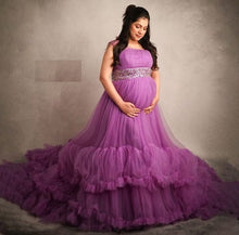 Load image into Gallery viewer, G240, Luxury Purple Ruffled maternity shoot trail gown,  Size - (XS-30 to XL-40)