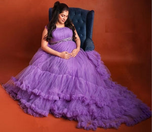 G240, Luxury Purple Ruffled maternity shoot trail gown,  Size - (XS-30 to XL-40)