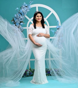 W208, White Lace Half Sleeves Maternity Shoot Trail Gown Size (All)pp
