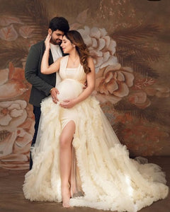G2111, Cream Ruffled Slit Cut Maternity Shoot Trail Gown Size (All)pp