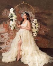 Load image into Gallery viewer, G2111, Cream Ruffled Slit Cut Maternity Shoot Trail Gown Size (All)pp