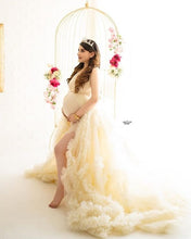 Load image into Gallery viewer, G2111, Cream Ruffled Slit Cut Maternity Shoot Trail Gown Size (All)pp