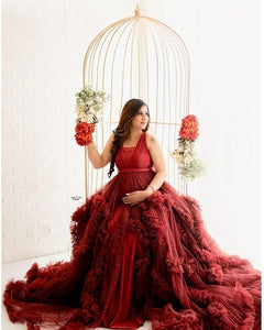 G2112, Dark Wine Ruffled Maternity Shoot Trail Gown, Size (All Sizes)pp