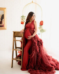 G2112, Dark Wine Ruffled Maternity Shoot Trail Gown, Size (All Sizes)pp