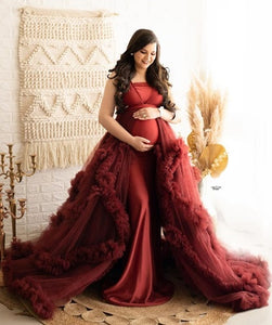 G2112, Dark Wine Ruffled Maternity Shoot Trail Gown, Size (All Sizes)pp