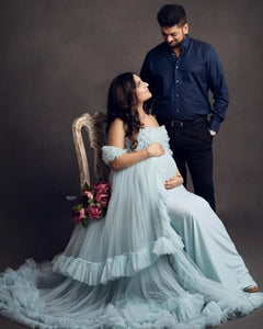 G325, Ice Blue Ruffled Maternity Shoot  Gown, Size (ALL)