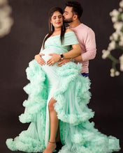 Load image into Gallery viewer, G2113, Sea Green Ruffled Slit Cut Maternity Shoot Trail Gown, Size (ALL)pp
