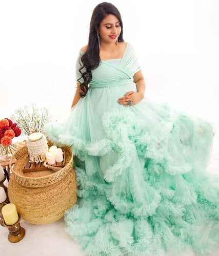G2113, Sea Green Ruffled Slit Cut Maternity Shoot Trail Gown, Size (ALL)pp
