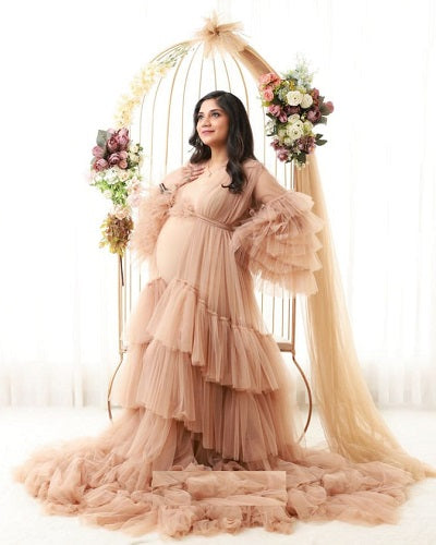 G1058, Beige Ruffled Maternity Shoot Trail Gown, Size (ALL)pp
