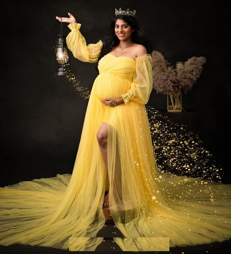 G1077, Yellow Ruffled Slit Cut Maternity Shoot Trail Gown, Size (All)pp