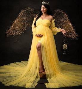 G1077, Yellow Ruffled Slit Cut Maternity Shoot Trail Gown, Size (All)pp