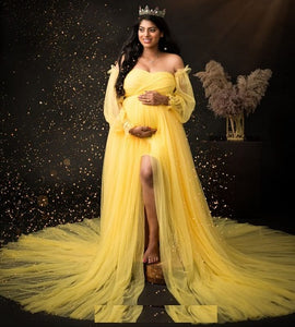 G1077, Yellow Ruffled Slit Cut Maternity Shoot Trail Gown, Size (All)pp