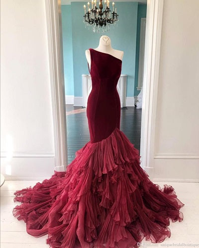 G113, Wine Red One Shoulder Layered Fish Cut Trail gown (SIZE ALL) – Style Icon