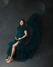 Load image into Gallery viewer, G1078, Bottle Green Slit Cut Ruffled Maternity Shoot Long Trail Gown, Size (ALL)pp