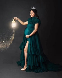 G1078, Bottle Green Slit Cut Ruffled Maternity Shoot Long Trail Gown, Size (ALL)pp