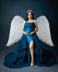 G1079, Navy Blue Slit Cut Frilled Maternity Shoot Trail Gown, Size (All)pp