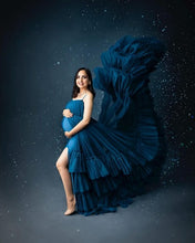 Load image into Gallery viewer, G1079, Navy Blue Slit Cut Frilled Maternity Shoot Trail Gown, Size (All)pp