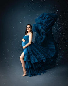 G1079, Navy Blue Slit Cut Frilled Maternity Shoot Trail Gown, Size (All)pp