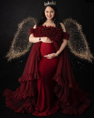 G825,Dark Wine Ruffled Maternity Shoot Trail Gown, Size (ALL)pp