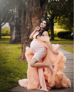 G2115,Luxury Cantaloupe Orange Ruffled Maternity Shoot Long Trail Gown, Size (SIZE ALL)pp